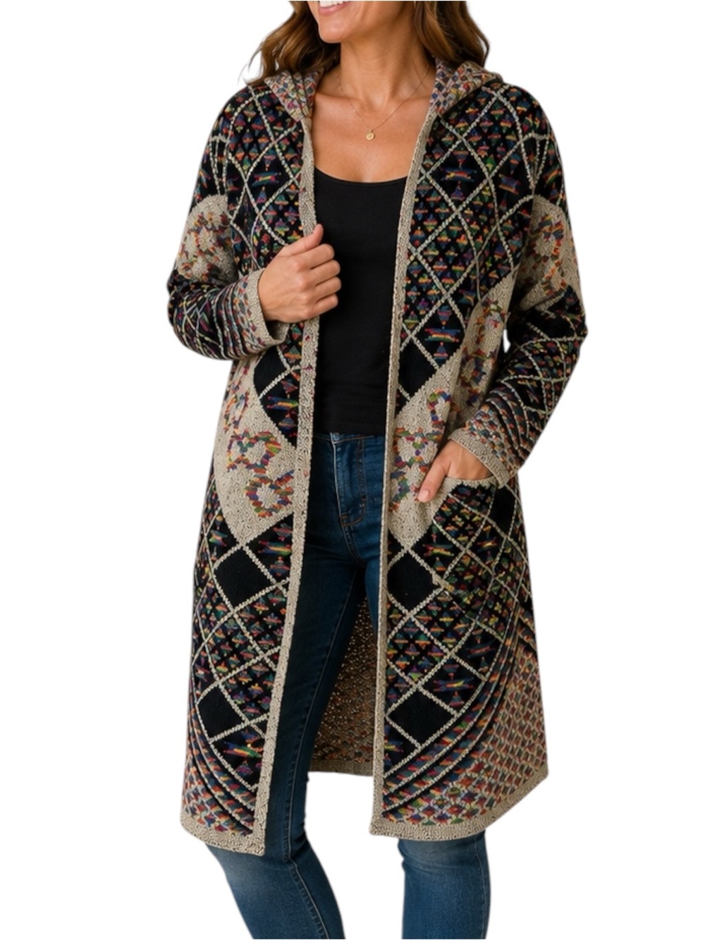Kamana Southwestern Open Front Cardigan Sweater Large Boho Duster - Picture 7 of 7